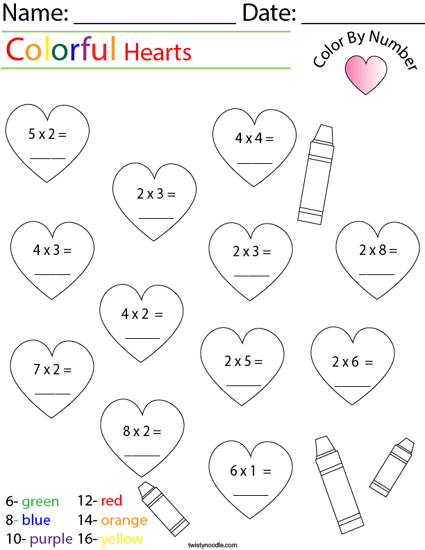 Multiplication- Color by Number Hearts Math Worksheet - Twisty Noodle